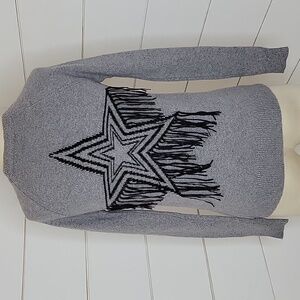 Rebecca Minkoff XXS grey crew neck sweater with star and fringe on the back